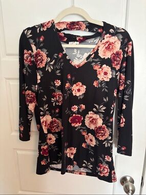 Ardene Black V-Neck Long Sleeve Top with Pink & Burgundy Floral Print
